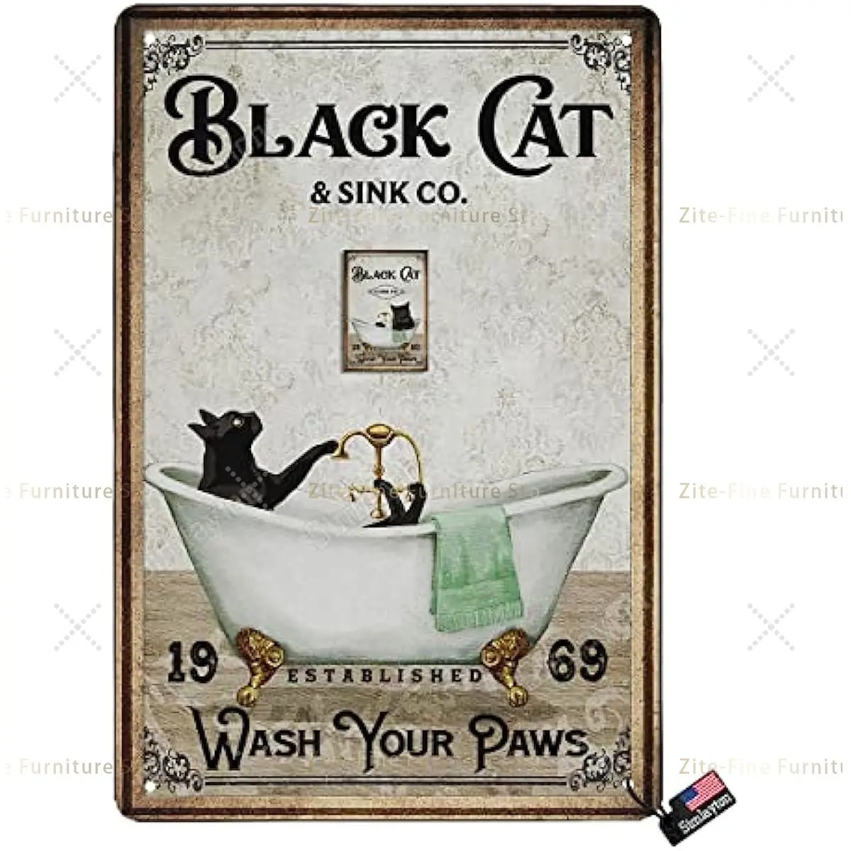 

Wall Decor - Tin Sign, Funny Black Cat Pattern - Bathroom Use, Vintage Style - Toilet Use, Wash Your Paws, 8"x12"