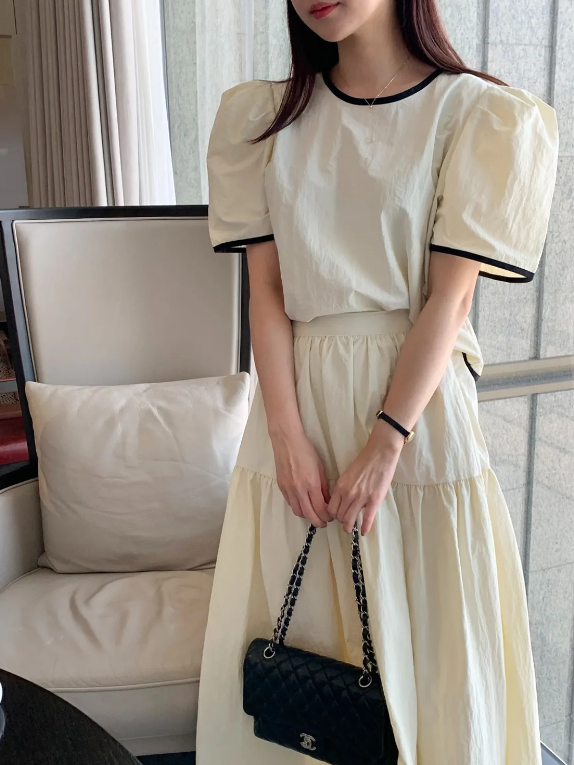 Летний Базовый комплект из двух предметов свободный женский топ с пышными