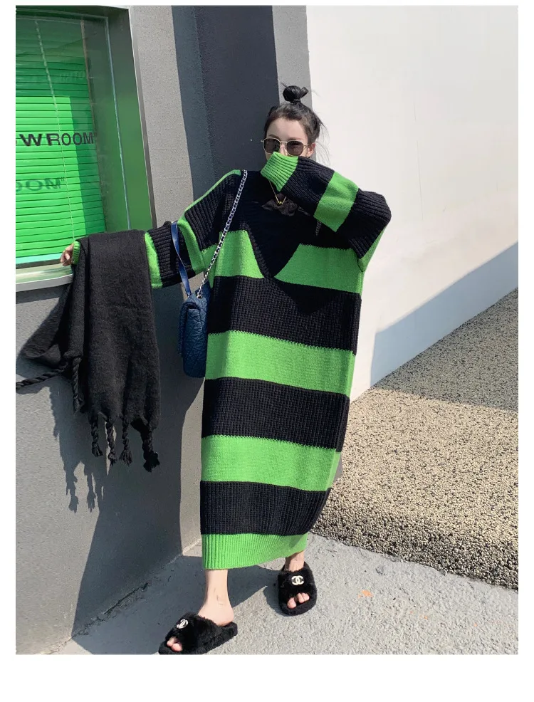 

Oversize Korean Fashion V-neck Jacquard Woman Sweater Dress Elbise Loose Striped Knitting Maxi Long Dresses For Women 2023
