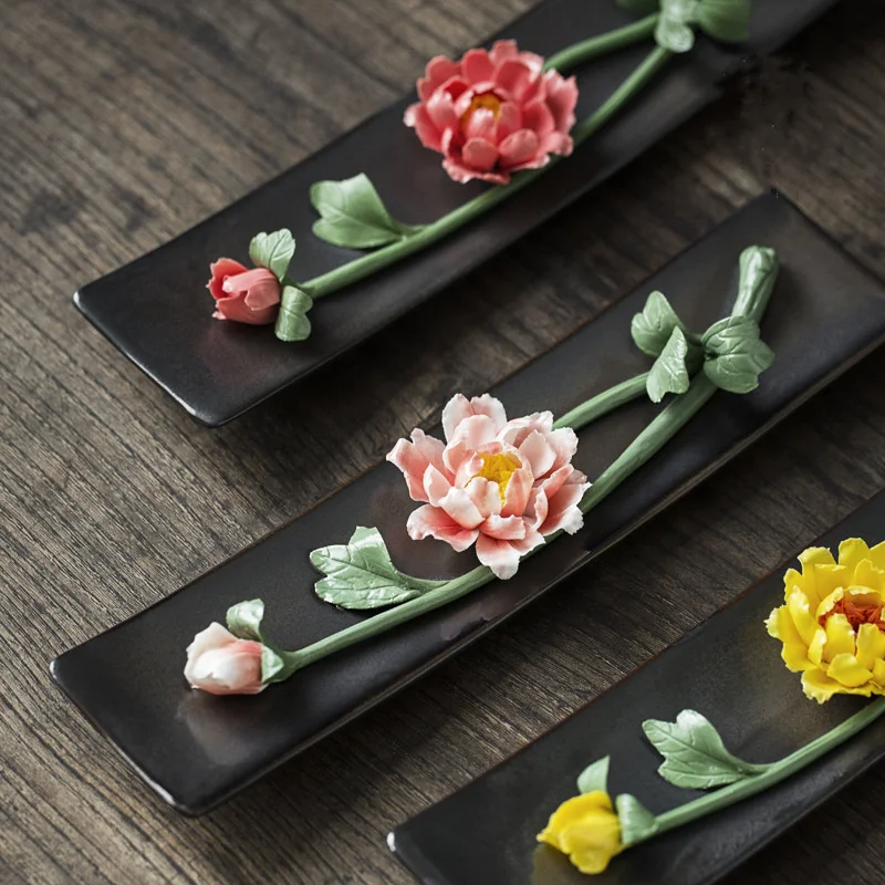 

creative Retro hand-made ceramic flower pens for tea table props decoration, lotus and peony incense stick tea pet ornaments