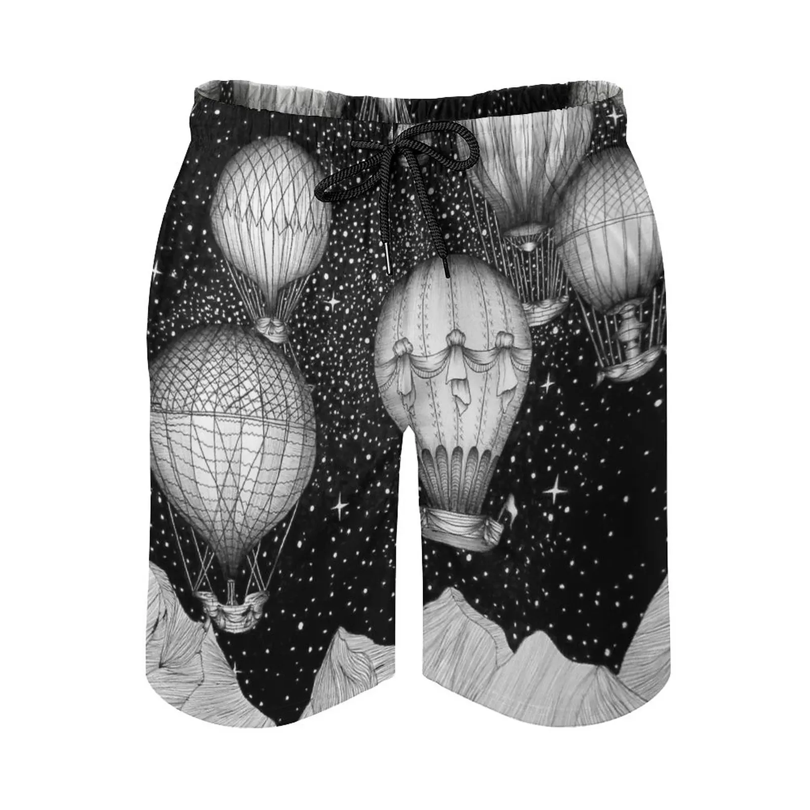 

Night Flight Men's Beach Shorts With Mesh Lining Surfing Pants Swim Trunks Balloons Hot Air Balloons Flying Night Stars Space
