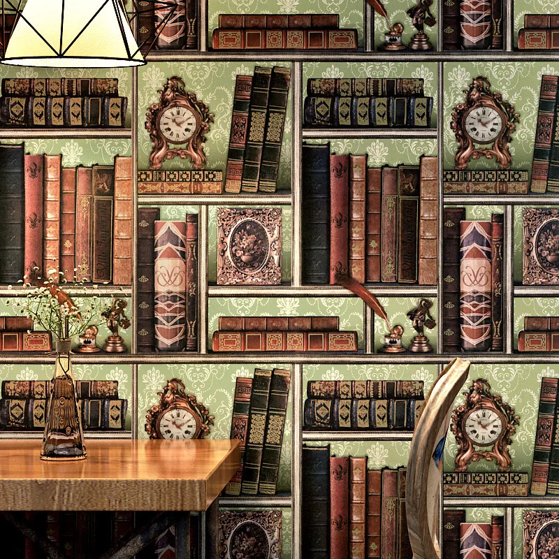 

3D Creative Bookshelf Library Study American Retro European Wallpaper Cafe Chinese TV Background Wall Wallpaper