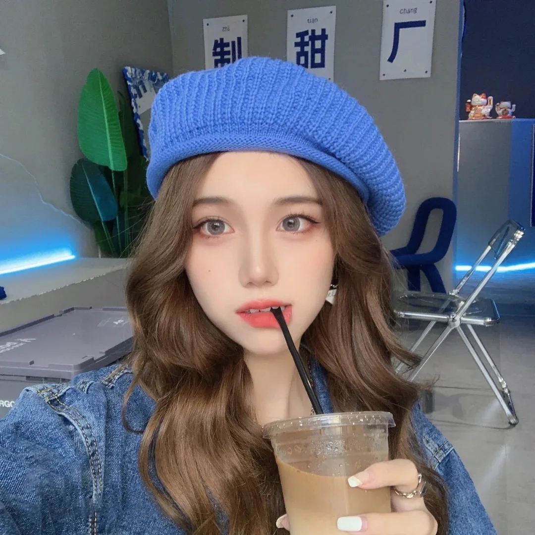 

Autumn and Winter Korean All-match Solid Color Knitted Woolen Painter Hat Klein Blue Beret Hat Women Boinas Para Mujer