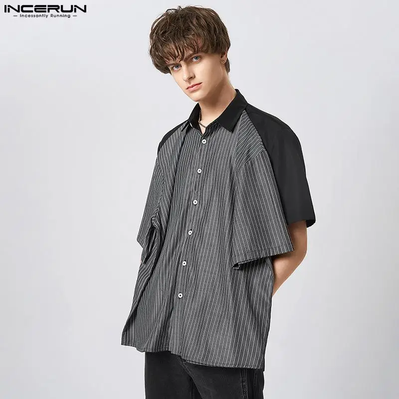 

INCERUN Tops 2023 American Style Men Striped Front Panel Fake Two Short-sleeved Shirt Handsome Male Loose All-match Blouse S-5XL