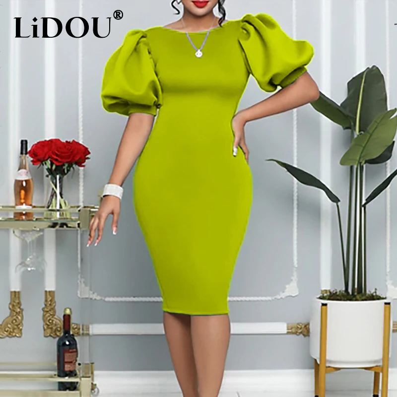 

2022 New Puff Sleeve Solid Color Bodycon Dress Banquet Sexy Hip Dresses Women High Waist Vestidos De Fiesta Oversized Robe Femme