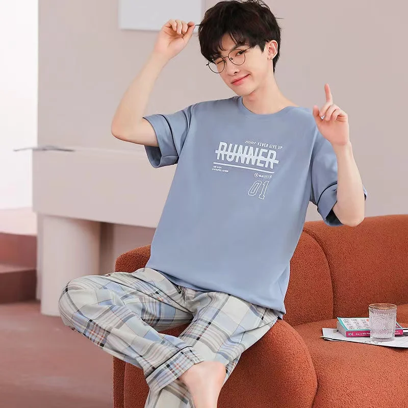 Summer Men Pajamas Set Cotton Short Sleeve Sleepwear Night Suit Casual Loose Nightwear Lounge Homewear Home Clothing Pyjamas