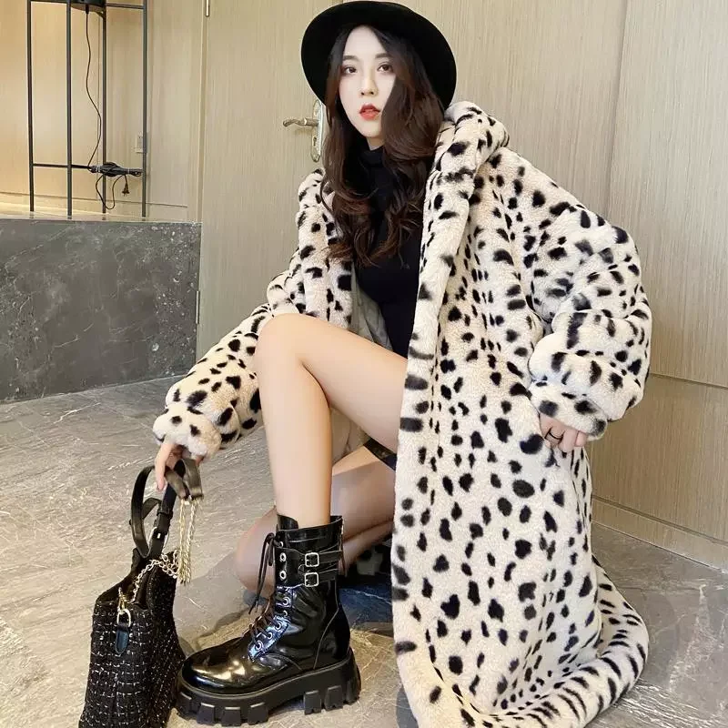 

Fashion Leopard Long Jackets Women Winter Thick Warm Outerwear Brand Large Size Faux Fur Coat Female