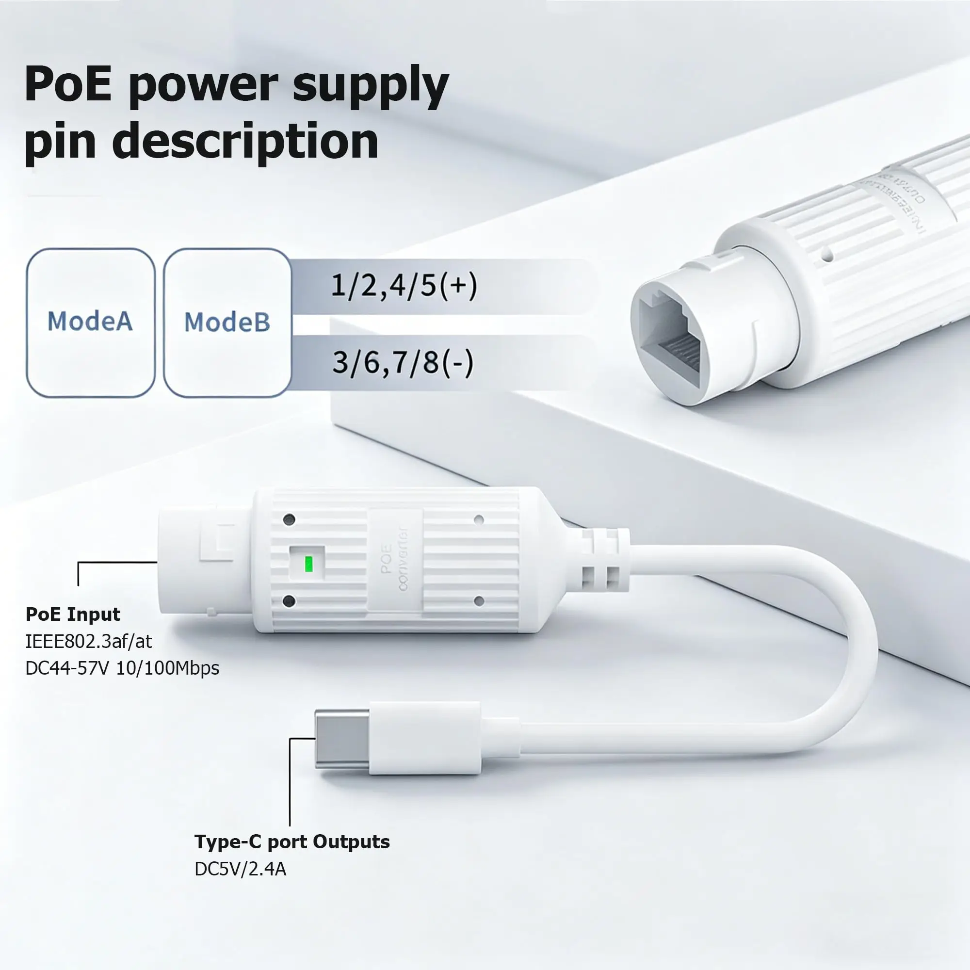 Фото Преобразователь питания POE в USB-C, адаптер RJ45 (гнездо) в Type-C (штекер) для зарядки, водонепроницаемый, для наружного использования, для камер видеонаблюдения №4