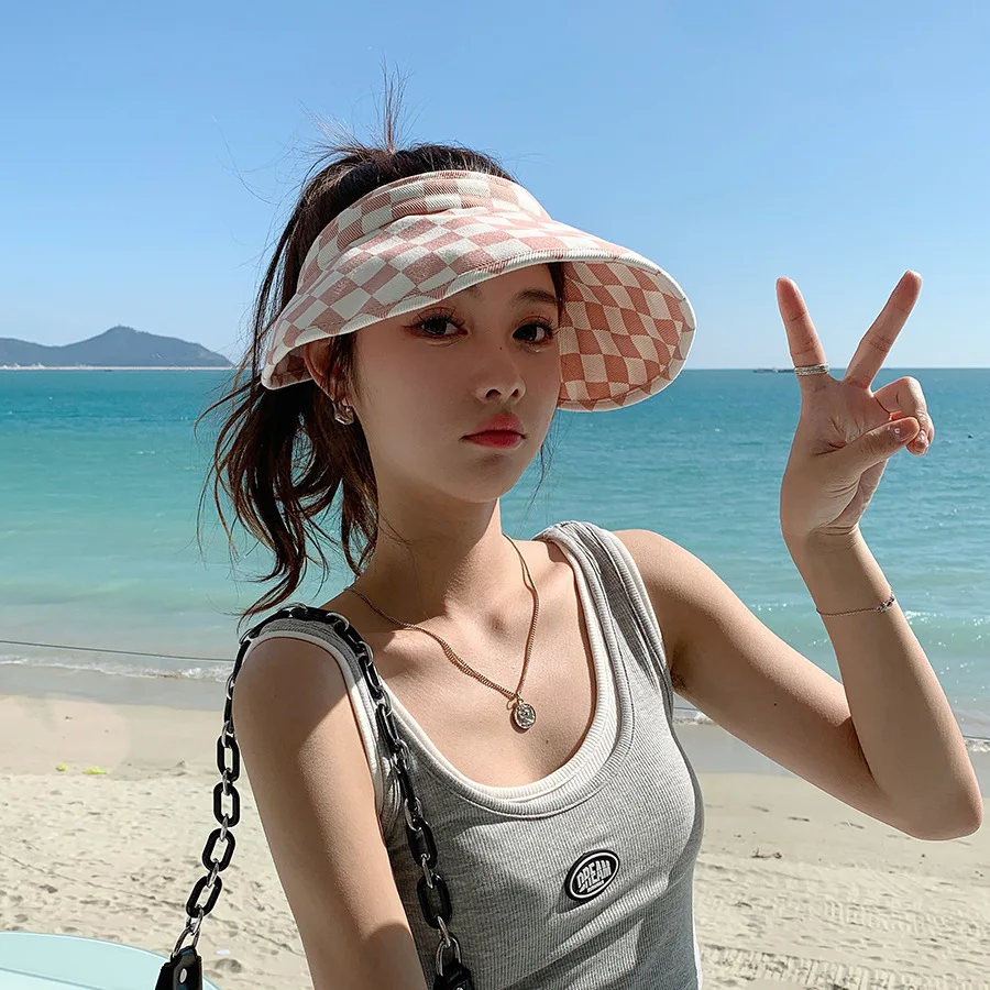 

Empty top hat women's spring new Korean fashion simple checkerboard pattern sun hat summer outdoor beach sun hat