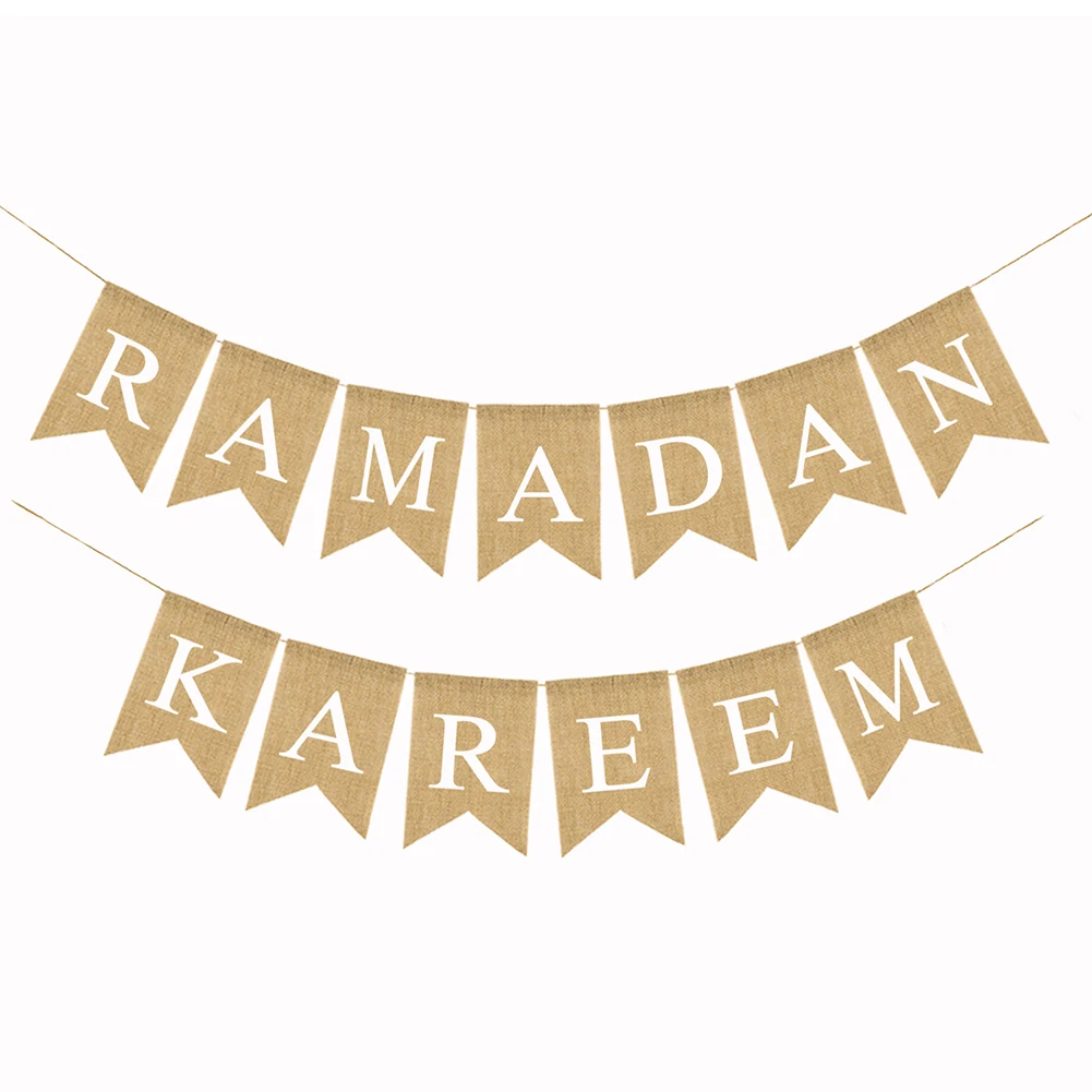 

Eid Mubarak Banner 2022 Muslims Ramadan Mubarak Decorations Linen Hanging Flag with Ropes Islam Home Decors Party Supplies