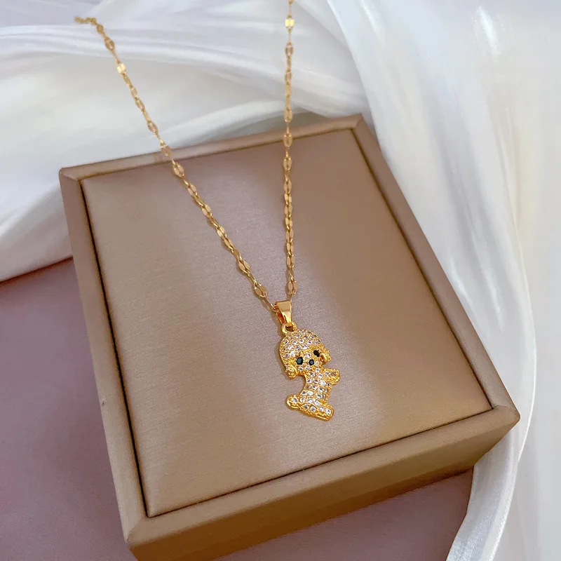 Cute Lovely Dog Animal Crystal Pendant Necklace for Women Men Couple Stainless Steel Chain Choker Fashion Jewelry Wedding Gift