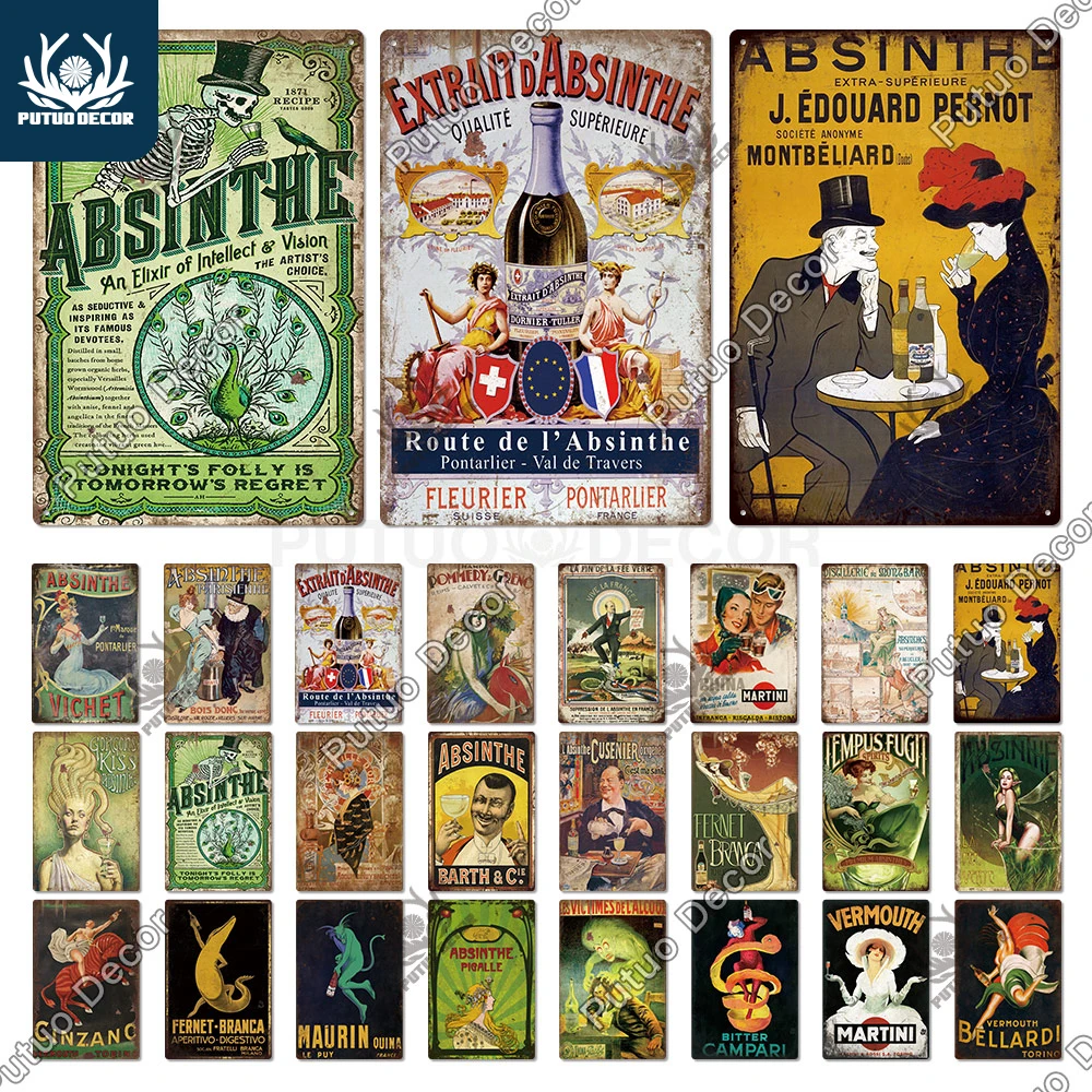 

Putuo Decor Funny Absinthe Poster Vintage Tin Sign Metal Signs Beer Decorative Plate for Pub Bar Man Cave Club Wall Decoration