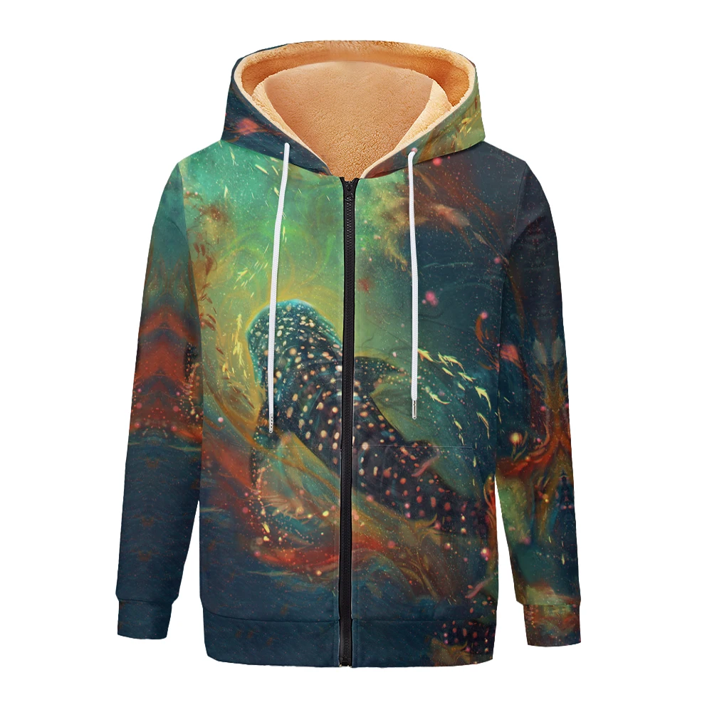 Women's Thick Hooded Jacket Sweatshirt Whale Printed Simple Pocket Zipper for Winter and Autumn Outdoor Warmth