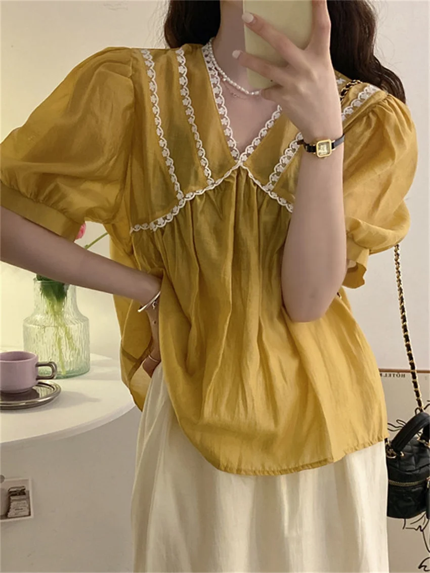 

Alien Kitty V-Neck All Match Blouses New Women OL Puff Sleeve Summer Chic 2022 Stylish Office Lady Streetwear Casual Loose