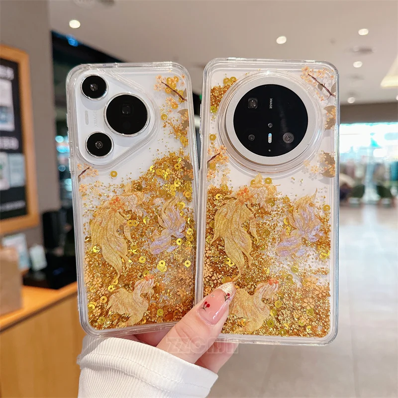 Фото Китайский традиционный стиль для Huawei Pura 70 Pro P60 Mate 40 50 60 Pro, блестящий бамбуковый чехол с золотой рыбкой и жидким зыбучим песком №1