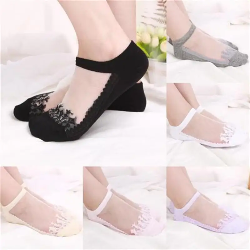 

4pairs/lot Summer Female Socks Lace Flower Side Transparent Invisible Crystal Socks Thin Section Glass Socks