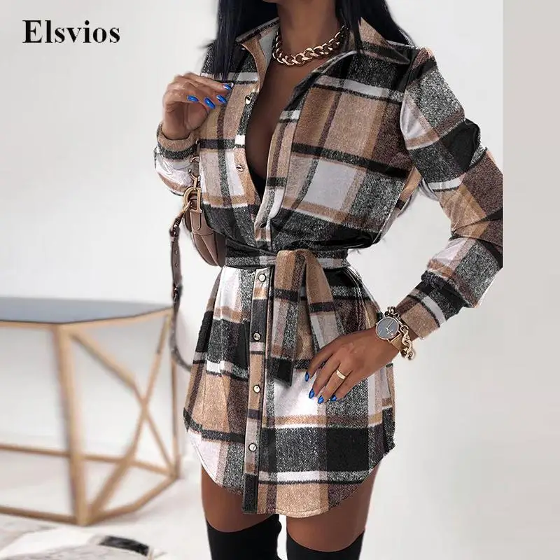 

Женское элегантное мини-платье с отложным воротником и длинным рукавом, модное клетчатое женское платье в стиле Харадзюку, повседневные пл...