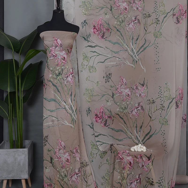 

HYSK natural pure silk georgette fabric chiffon lilac yellow white floral pattern print by meter korean for nightwear R2642