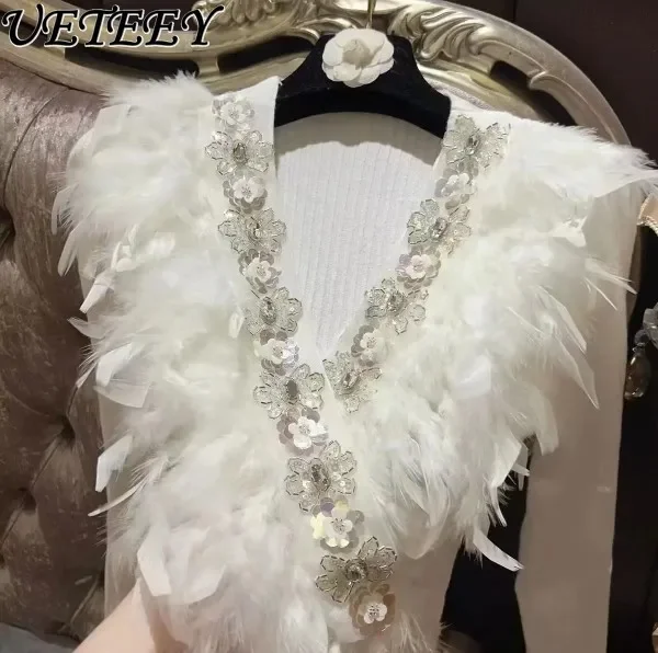 Вязаный свитер с блестками и цветами перьями для тяжелой промышленности джемпер