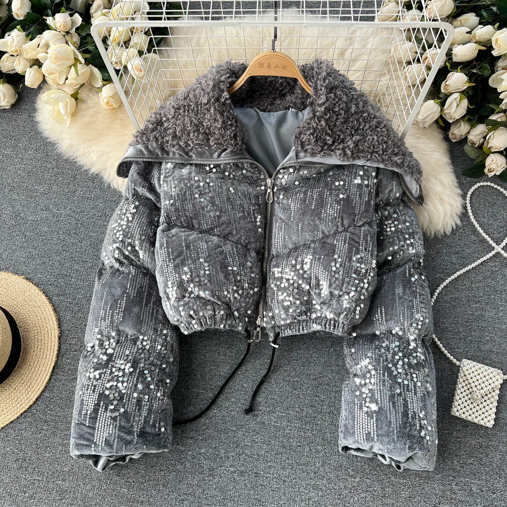 

Autumn and Winter New Sequins Lambswool Lapel Stitching Short Paragraph Temperament Baseball Suit Cotton Coat