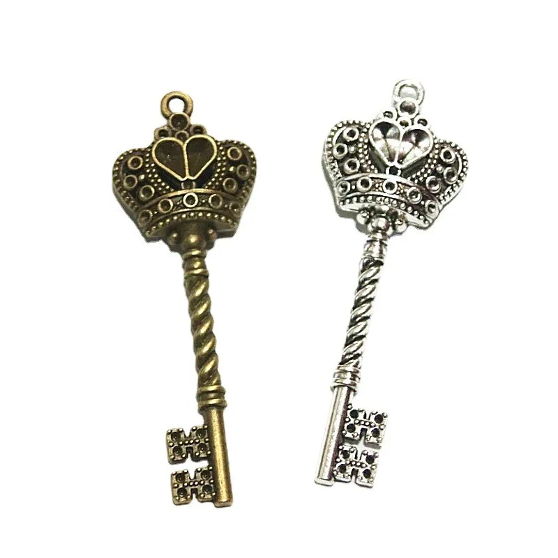 14Pcs 20*61MM Antique Silver Plated Bronze Color Crown Key Charms Pendant Handmade DIY Jewelry Accessories