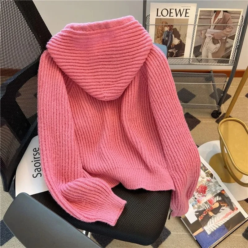 Женский трикотажный кардиган с капюшоном Свободный пуловер цвета хаки на молнии