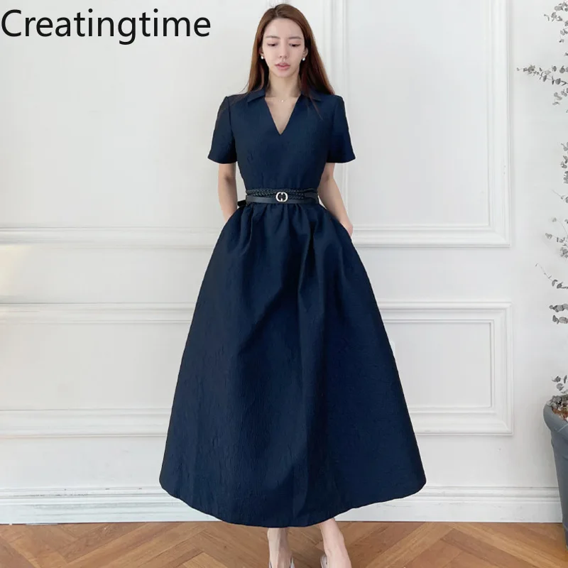 

Creatingtime 2022 Summer New Fashion Women's Dark Blue V-Neck Short Sleeve Jacquard Belt Patchwork High Waist Slim Dress GA491
