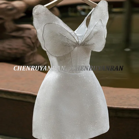 Ivory Cocktail Dresses 2022 V-Neck Bow Strapless Mini Evening Gowns Sparkle Bead Crystal Elegant Dress Women For Wedding Party