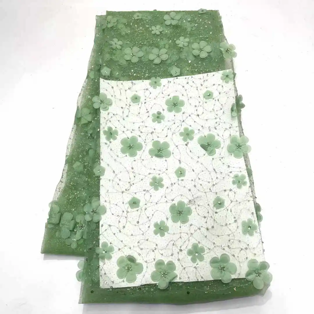 Роскошная зеленая 3D Цветочная африканская кружевная ткань 2024 французская из