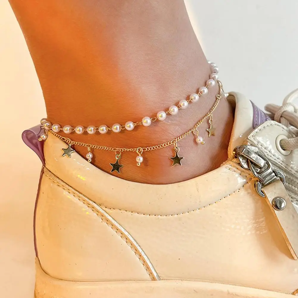 

2Pcs Double Layers Adjustable Extended Chain Women Anklets Faux Gem Star Moon Pendant Anklets Footwear Female Leg Chain Jewelry