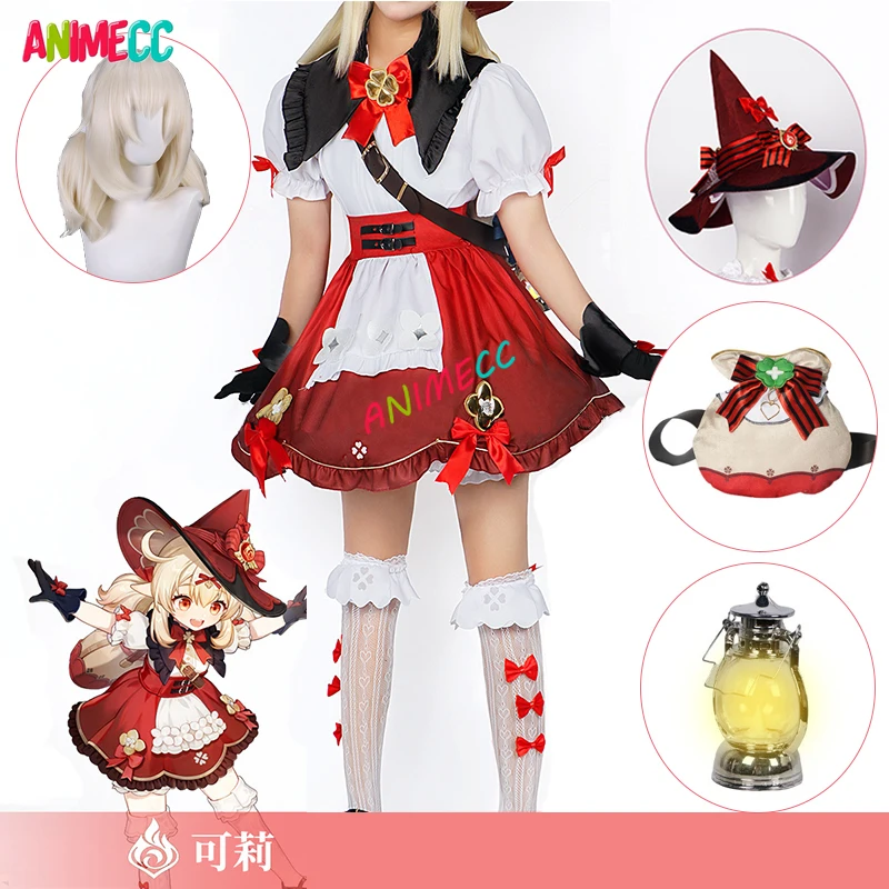

ANIMECC Klee Cosplay Genshin Impact Costume New Skin Outfits Dress Hat Wig Backpack Anime Game Halloween Party for Women Girls