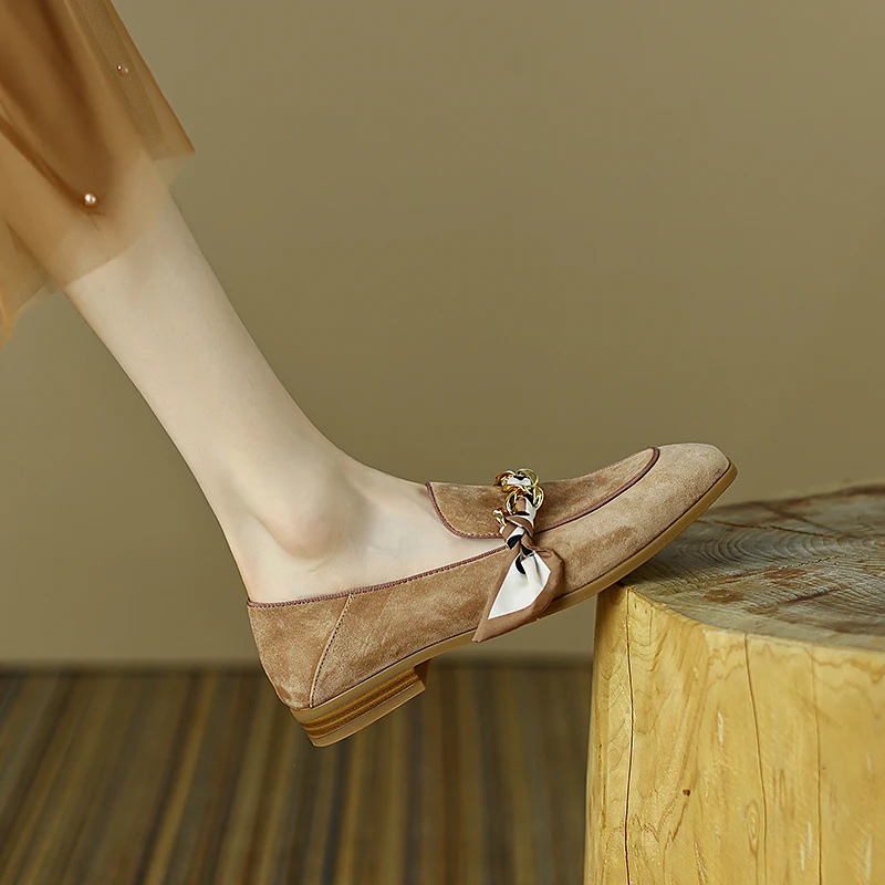 Female Muller Shoes With Chains Round Toe Handmade Ladies Daily Loafers Flat Shoes Woman Slip On Kid Suede Outdoor Flats
