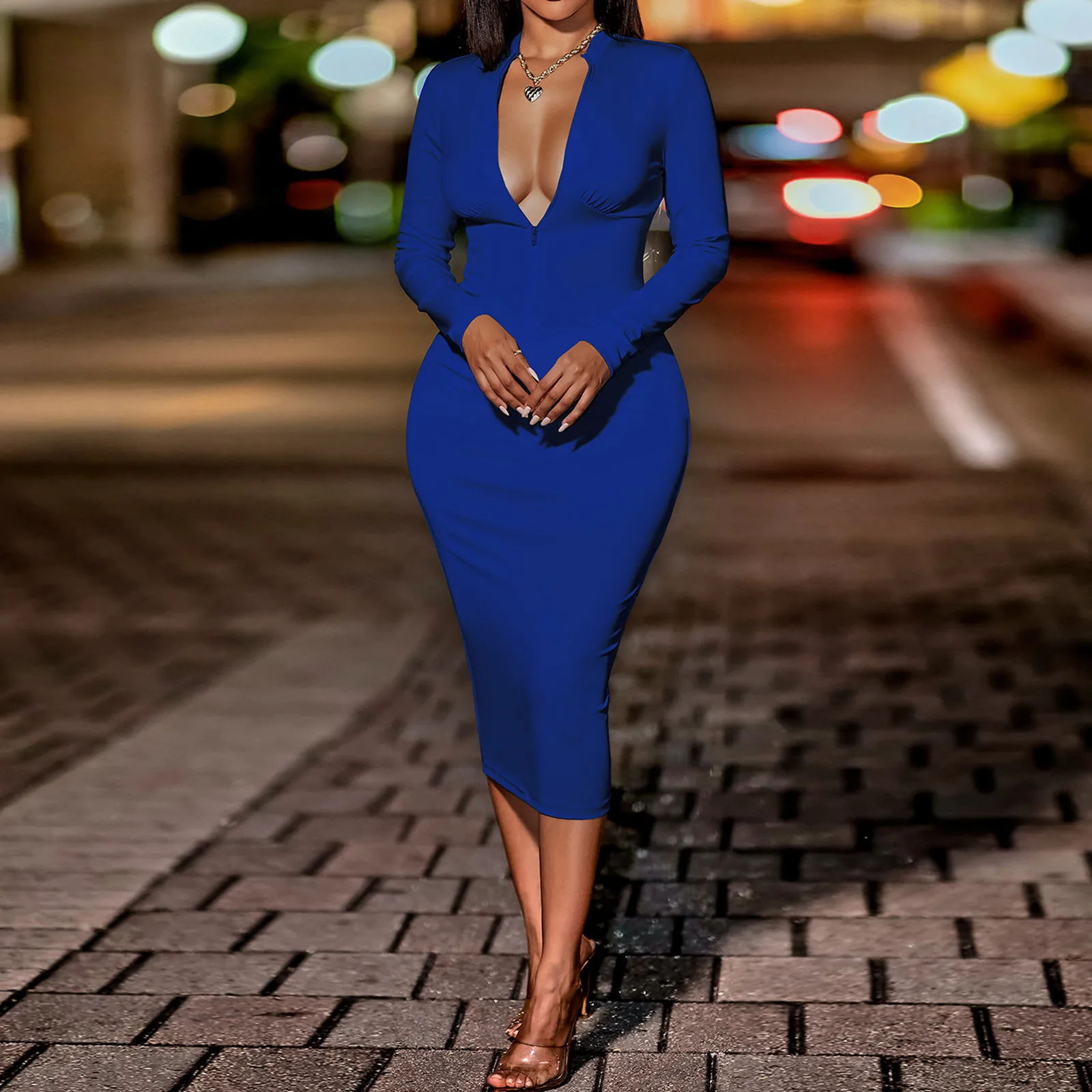 

Sexy Night Club Evening Party Dresses Women Autumn Slim Fit Dress Solid Color Deep V Neck Elegant Long Sleeve Bodycon Dress