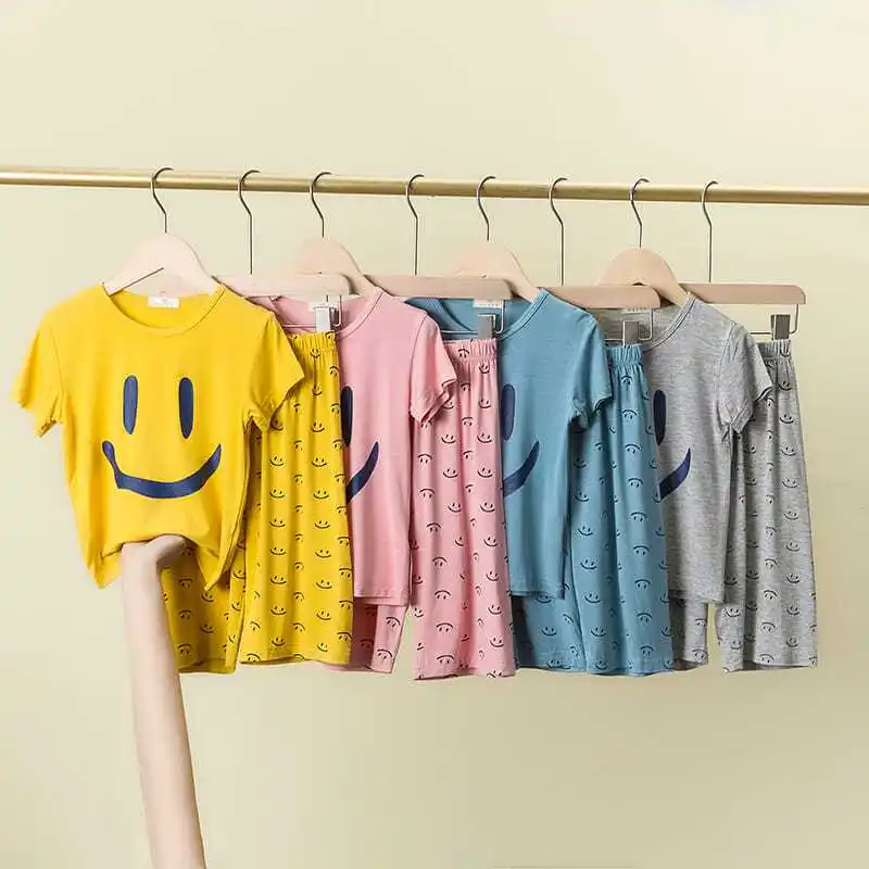 

Детский костюм из двух предметов с коротким рукавом, Детская летняя Пижама, домашний костюм для защиты живота с высокой талией, кондиционер,...