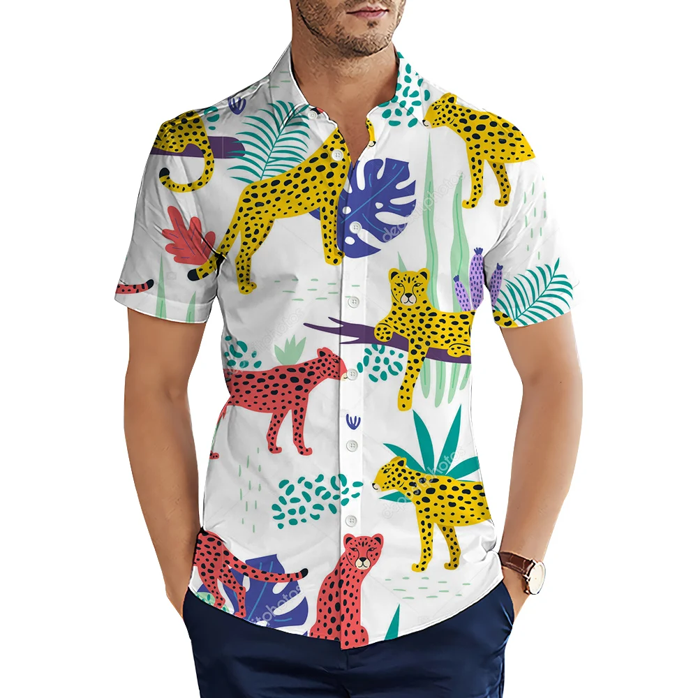 

Рубашка CLOOCL мужская с леопардовым принтом, модная сорочка с 3D рисунком животных, с коротким рукавом, с лацканами, в повседневном стиле, на ле...