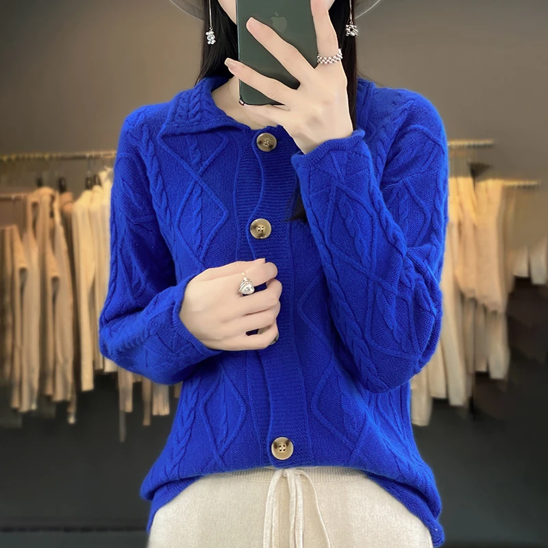 Повседневный теплый женский кардиган LDZWSM из 100% чистой шерсти с отворотом