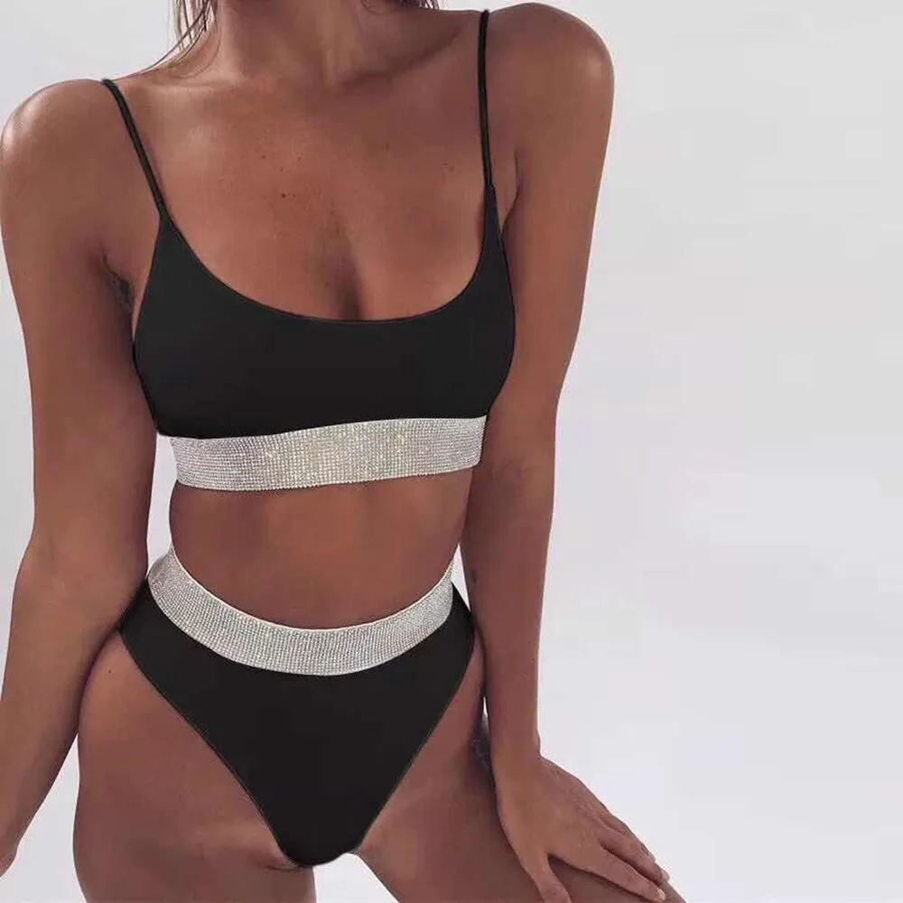 

2021 Summer New Silver Rhinestones Bikini Set Sexy Spaghetti Strap Bra Elastic Panty Swimsuit Swimwear Women Beach Bathing Suit