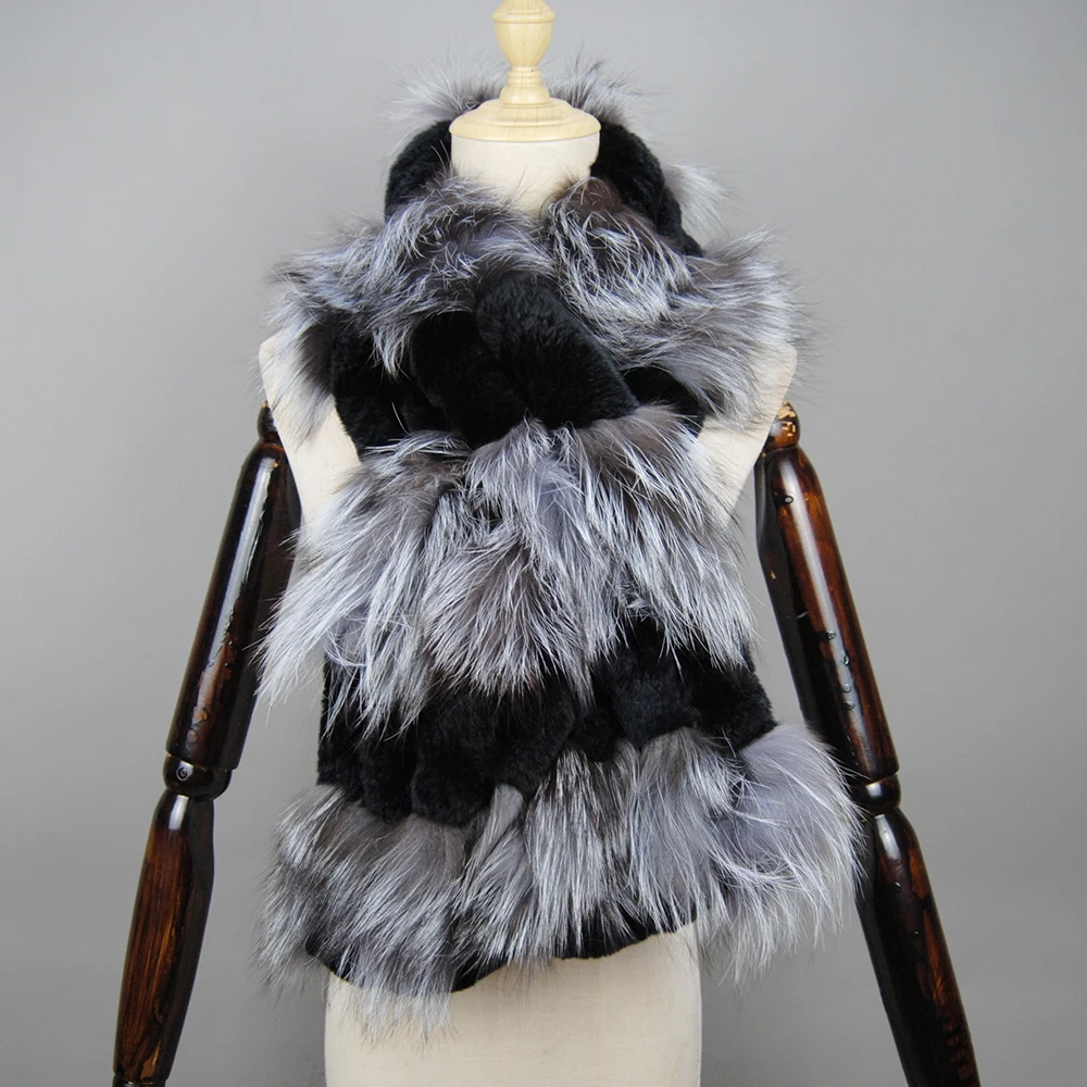 Зимний вязаный шарф из меха кролика рекс с серебряным лисьим мехом женские