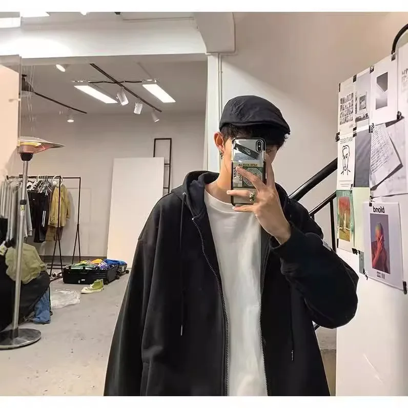 Толстовка мужская с капюшоном брендовый свободный однотонный кардиган на молнии