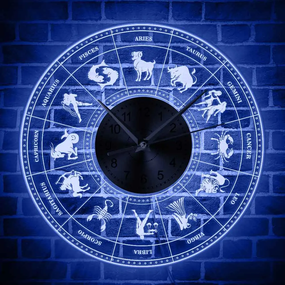 גלגל המזלות LED שלט ניאון אקריליק קיר שעון אסטרולוגיה מואר עיצוב בית אומנות קיר שעון קונסטליישן LED תאורה שעון