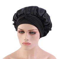 Solid Satin Bonnet with Wide Stretch Ties Long Hair Care Women Night Sleep Hat Adjust Hair Styling Cap Silk Head Wrap