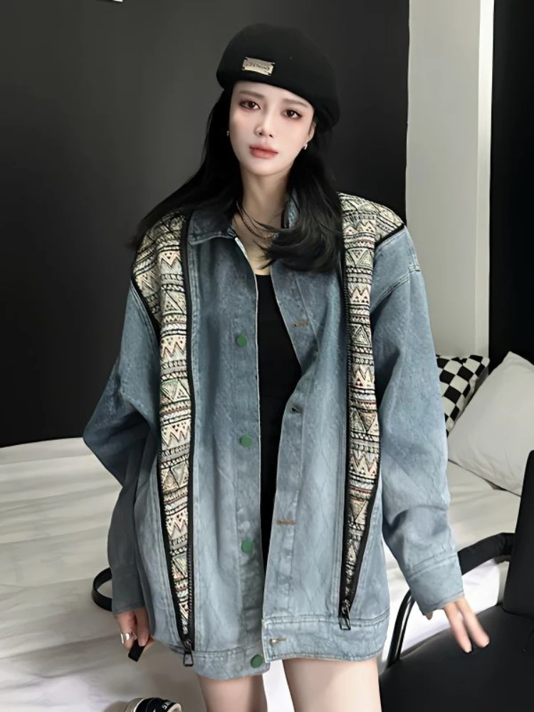 

Jacket for Women 2023 Autumn Winter American Retro Splicing Jean Jacket Versatile Casual Coats Loose Large Size Women's Clothing