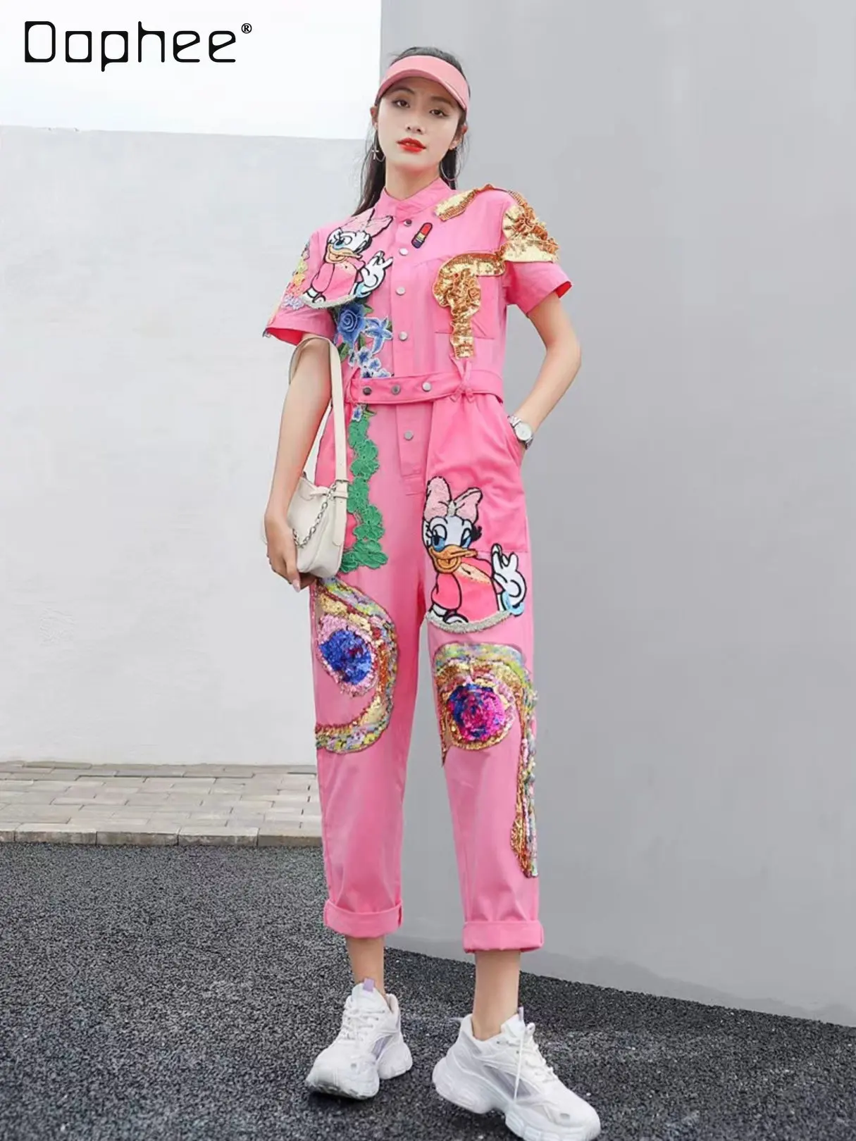 

2022 Spring and Summer New Heavy Industry Cartoon Sequins Fashion Casual Jumpsuits Women's Sweet Pink Short Sleeve Overalls