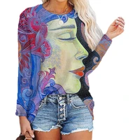 women clothes retro portrait floral print t shirt long sleeve spring autumn fashion o neck loose pullover top streetwear