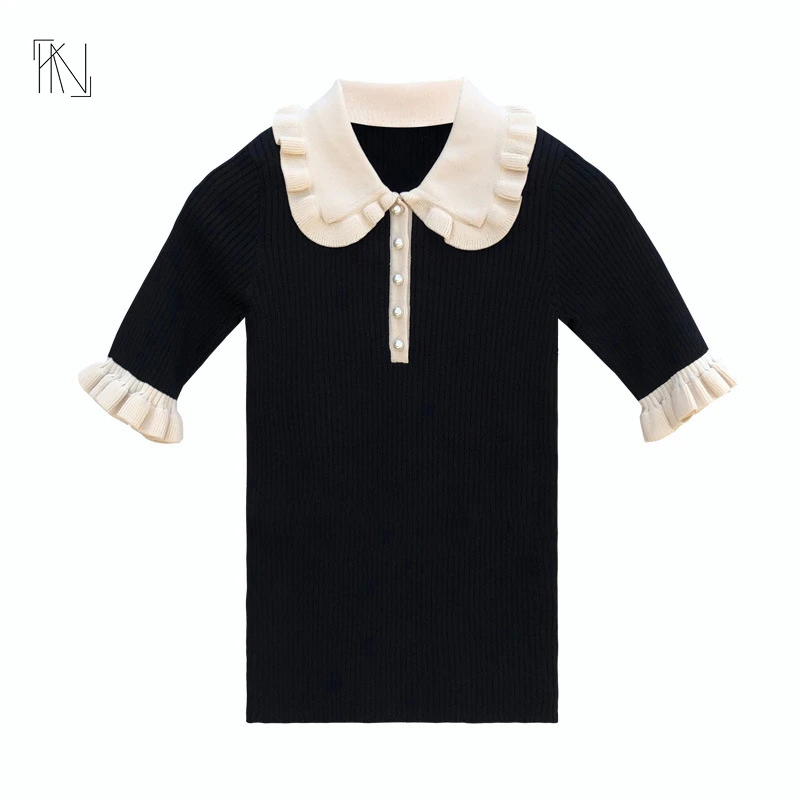 Contrast Color Short-sleeved Sweater for  2022 Summer New Slim Doll Collar Pearl Single-breasted Knitted Top Women