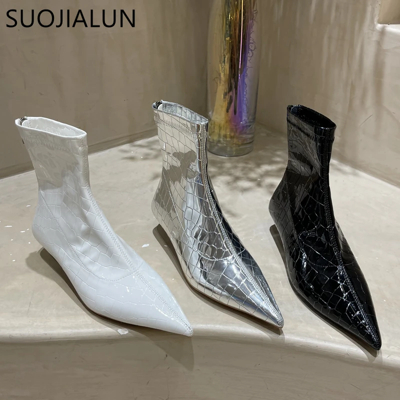 

Женские ботильоны с острым носком SUOJIALUN, сезон осень-зима 2022, модные женские ботинки челси с узором из камней, короткие ботинки на тонком низ...