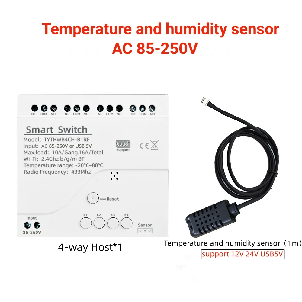 

Tuya Smart WiFi 4-канальное реле постоянного тока 7-32 В/переменного тока 85-250 В 10 А с датчиком температуры и влажности пассивный сухой контактный переключатель для дома