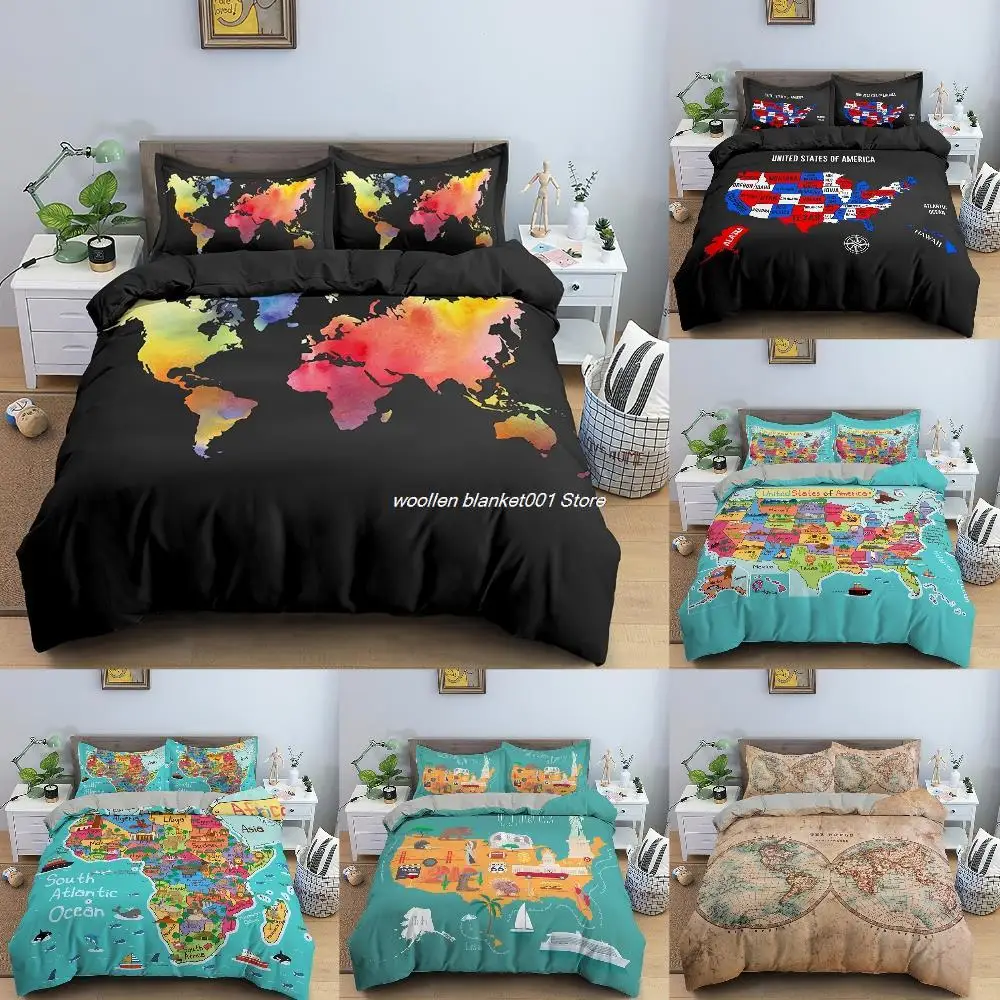 

World Map Luxury Bedding Set Vivid Printed Colorful Bed Duvet Cover with Pillow Covers Soft Cozy Home Textiles Queen Size 2/3pc