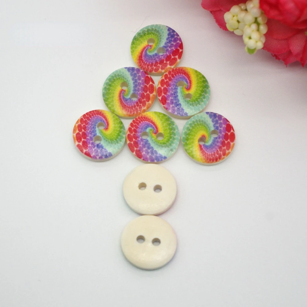 

200PCs Decorative Buttons Colorful Painting 2 Holes 15mm Sewing Wooden Buttons Flatblck Scrapbooking