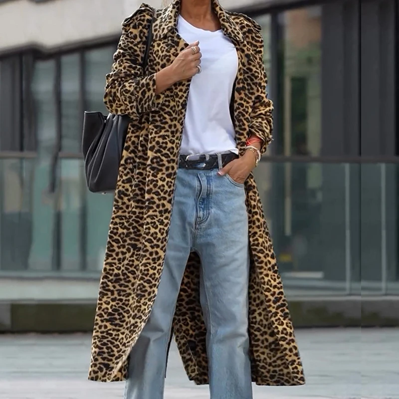 Женский плащ с леопардовым принтом и отложным воротником модные уличные куртки